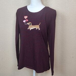 Talbots Burgundy Striped Long Sleeve Tee w/Doggy Medium (5554)